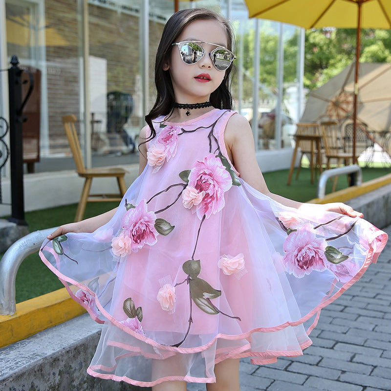 Girls chiffon dress 2024 new summer floral stylish children's beach dress vest long dress trendy