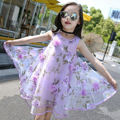 Girls chiffon dress 2024 new summer floral stylish children's beach dress vest long dress trendy