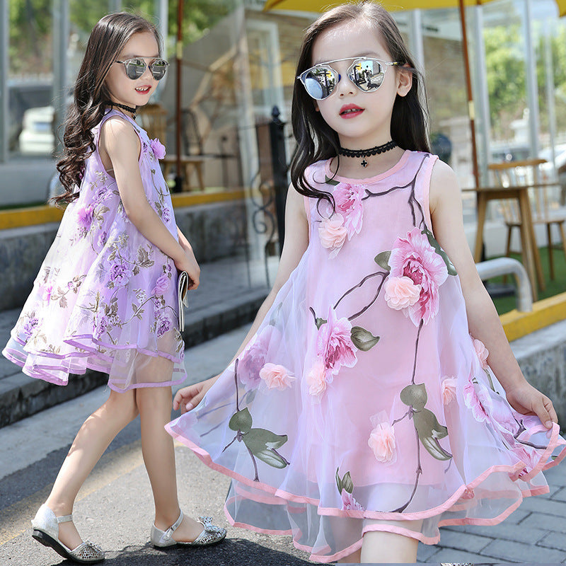 Girls chiffon dress 2024 new summer floral stylish children's beach dress vest long dress trendy