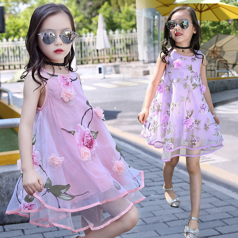 Girls chiffon dress 2024 new summer floral stylish children's beach dress vest long dress trendy