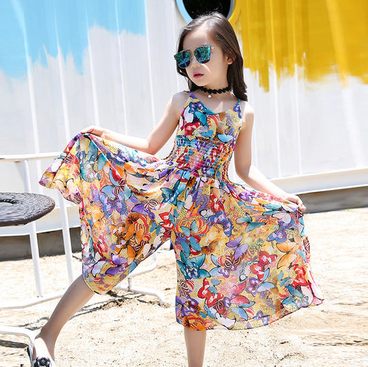 Girls suspender skirt 2024 new summer chiffon stylish children's large and small children's floral wide-leg jumpsuit dress