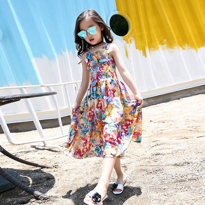 Girls suspender skirt 2024 new summer chiffon stylish children's large and small children's floral wide-leg jumpsuit dress