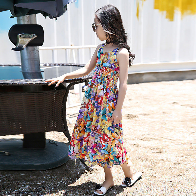 Girls suspender skirt 2024 new summer chiffon stylish children's large and small children's floral wide-leg jumpsuit dress