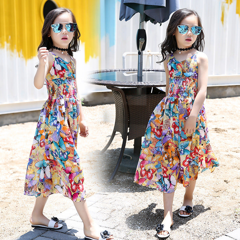 Girls suspender skirt 2024 new summer chiffon stylish children's large and small children's floral wide-leg jumpsuit dress