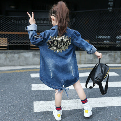 Girls denim jacket 2024 new spring and autumn middle and large children's fashion cardigan jacket Korean version of medium and long denim clothing trend