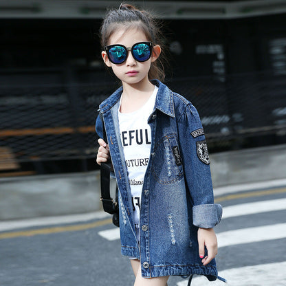 Girls denim jacket 2024 new spring and autumn middle and large children's fashion cardigan jacket Korean version of medium and long denim clothing trend