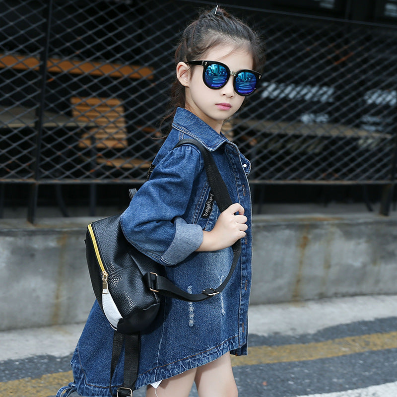 Girls denim jacket 2024 new spring and autumn middle and large children's fashion cardigan jacket Korean version of medium and long denim clothing trend