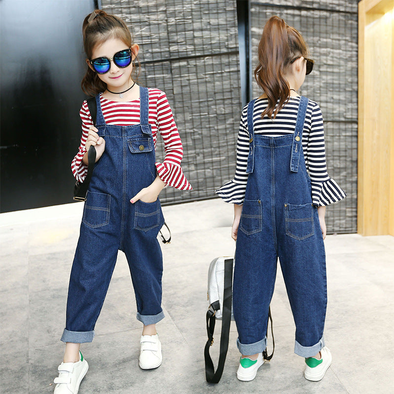 Girls denim overalls suit 2024 new spring and autumn children's middle and large children's stylish bottoming shirt fashionable overalls