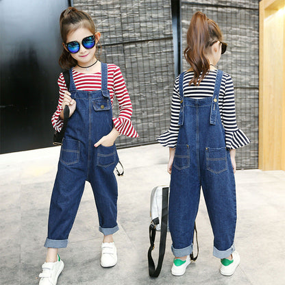 Girls denim overalls suit 2024 new spring and autumn children's middle and large children's stylish bottoming shirt fashionable overalls