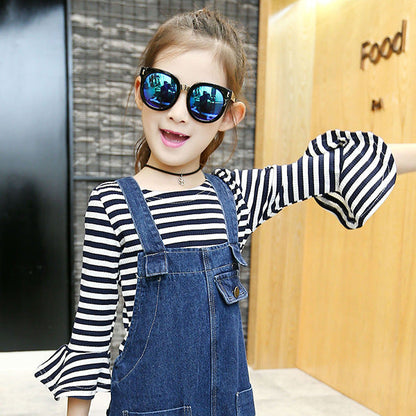 Girls denim overalls suit 2024 new spring and autumn children's middle and large children's stylish bottoming shirt fashionable overalls