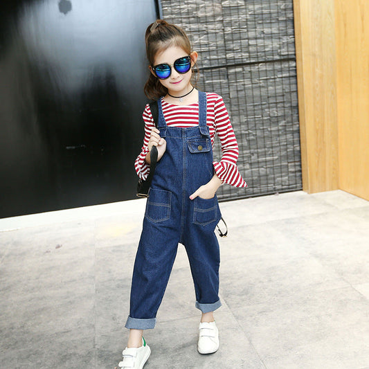 Girls denim overalls suit 2024 new spring and autumn children's middle and large children's stylish bottoming shirt fashionable overalls