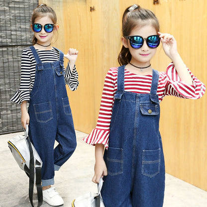 Girls denim overalls suit 2024 new spring and autumn children's middle and large children's stylish bottoming shirt fashionable overalls