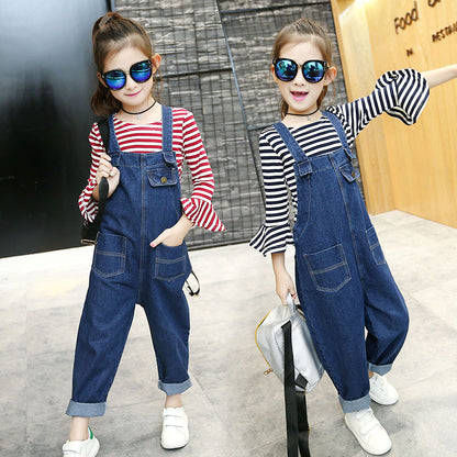 Girls denim overalls suit 2024 new spring and autumn children's middle and large children's stylish bottoming shirt fashionable overalls