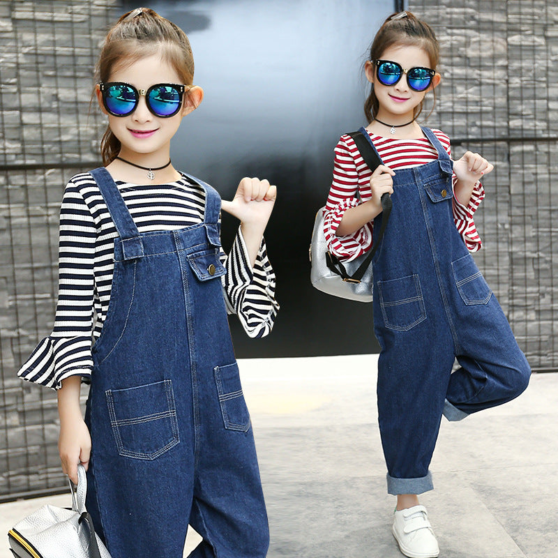 Girls denim overalls suit 2024 new spring and autumn children's middle and large children's stylish bottoming shirt fashionable overalls