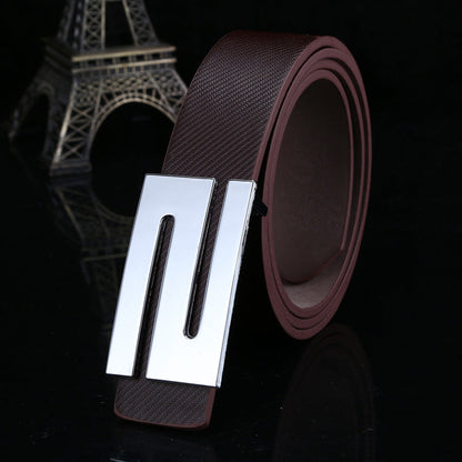 Men's leather belt letter S plate buckle belt women's casual smooth buckle belt pu leather belt