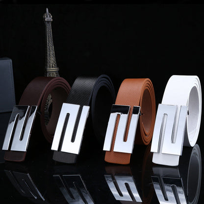 Men's leather belt letter S plate buckle belt women's casual smooth buckle belt pu leather belt