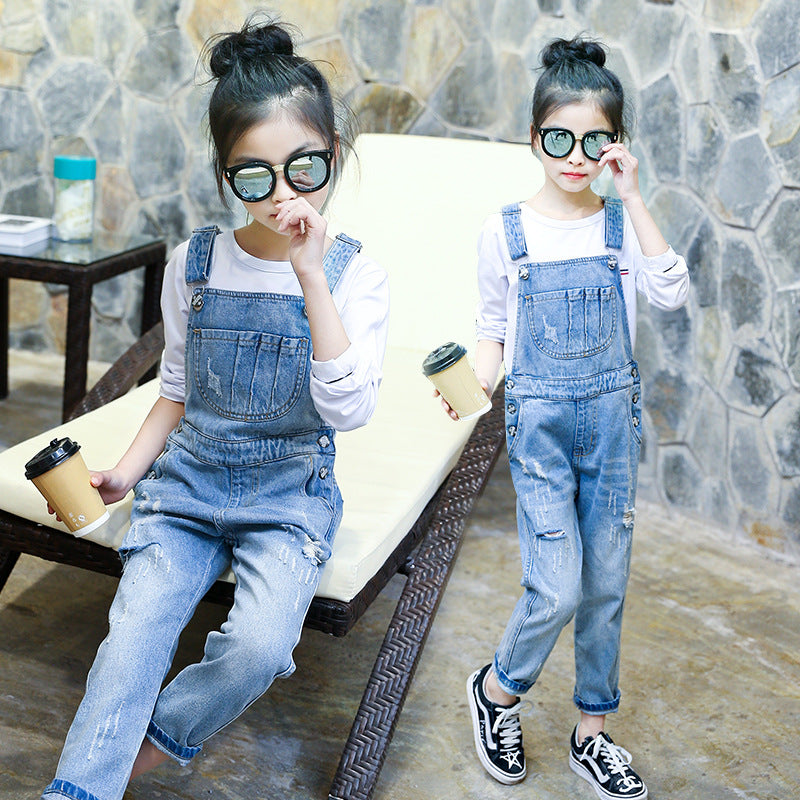 Girls denim overalls 2024 new spring and autumn children's middle and large children's fashionable overalls stylish trousers