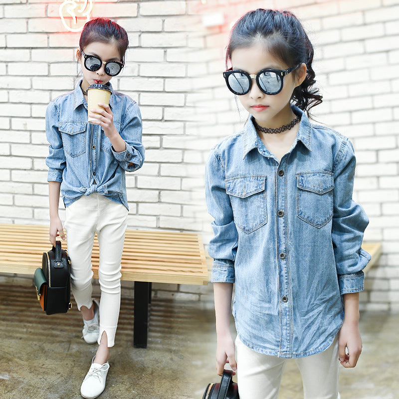 2024 Spring and Autumn New Korean Style Girls' Denim Shirt for Middle and Large Children