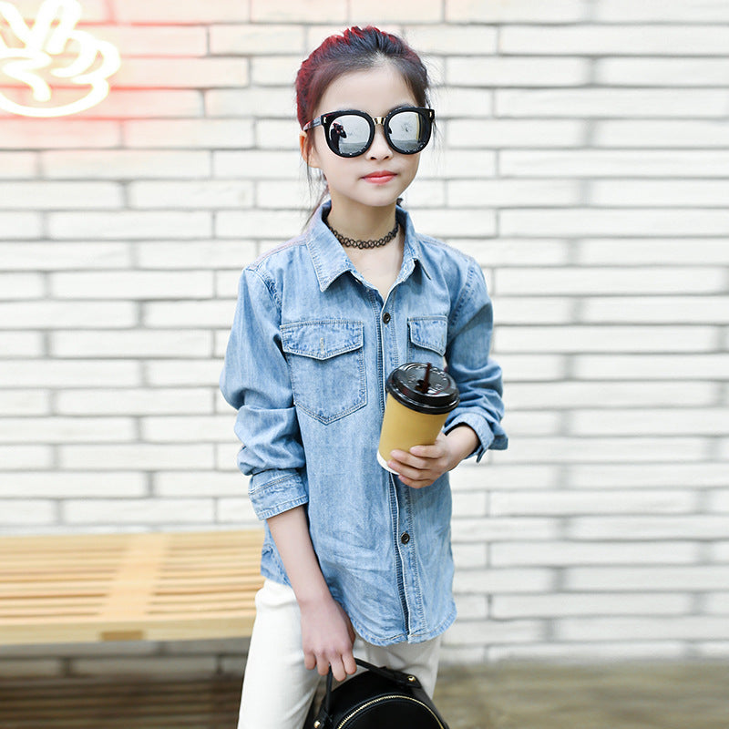 2024 Spring and Autumn New Korean Style Girls' Denim Shirt for Middle and Large Children