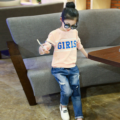 Girls jeans 2024 new spring and autumn trousers for middle and large children fashionable and stylish ripped skinny pants children's pants trendy