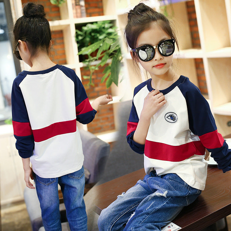 Girls' bottoming shirt 2024 new spring and autumn round neck long-sleeved T-shirt Western-style top contrast color T-shirt bottoming shirt pullover