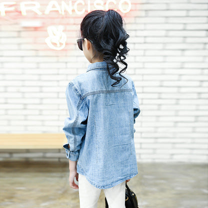 2024 Spring and Autumn New Korean Style Girls' Denim Shirt for Middle and Large Children