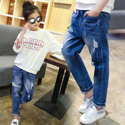 Girls jeans 2024 new spring and autumn trousers for middle and large children fashionable and stylish ripped skinny pants children's pants trendy