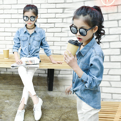 2024 Spring and Autumn New Korean Style Girls' Denim Shirt for Middle and Large Children