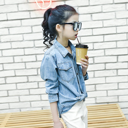 2024 Spring and Autumn New Korean Style Girls' Denim Shirt for Middle and Large Children