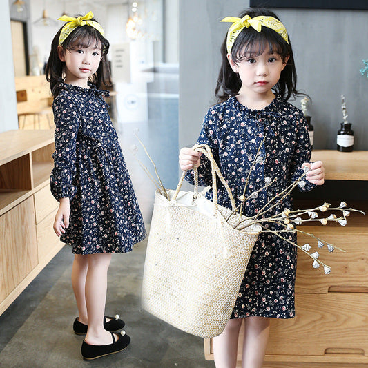 Girls' long-sleeved dress 2024 new spring style cotton dress long skirt ear-edge floral brushed dress