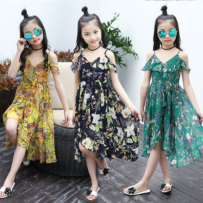 Girls chiffon dress 2024 new summer dress stylish medium-long beach children's medium and large children's off-shoulder suspender dress