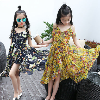 Girls chiffon dress 2024 new summer dress stylish medium-long beach children's medium and large children's off-shoulder suspender dress