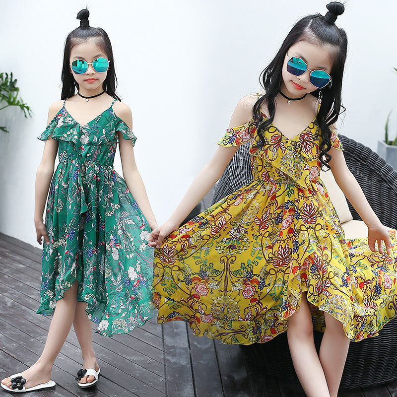 Girls chiffon dress 2024 new summer dress stylish medium-long beach children's medium and large children's off-shoulder suspender dress