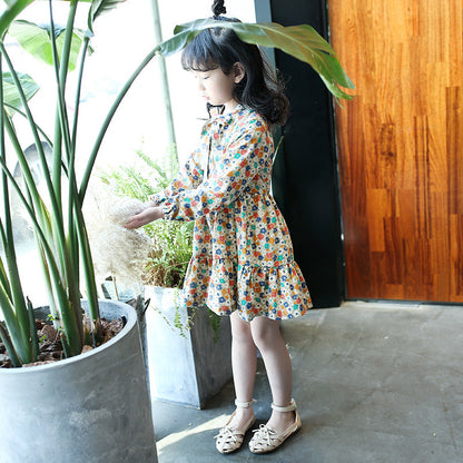 Girls Spring Long Sleeve Dress 2024 New Style Cotton Dress Long Dress Wood Ear Edge Floral Brushed Dress