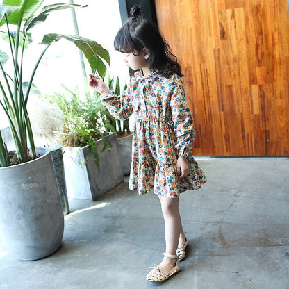 Girls Spring Long Sleeve Dress 2024 New Style Cotton Dress Long Dress Wood Ear Edge Floral Brushed Dress