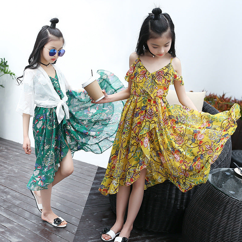 Girls chiffon dress 2024 new summer dress stylish medium-long beach children's medium and large children's off-shoulder suspender dress