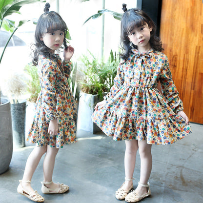 Girls Spring Long Sleeve Dress 2024 New Style Cotton Dress Long Dress Wood Ear Edge Floral Brushed Dress