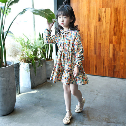 Girls Spring Long Sleeve Dress 2024 New Style Cotton Dress Long Dress Wood Ear Edge Floral Brushed Dress