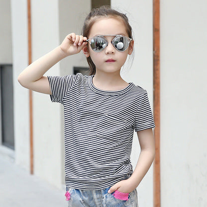 Girls short-sleeved T-shirt 2024 new summer clothes for children, middle and large children, fashionable T-shirt pullover knitted cotton sweater tops