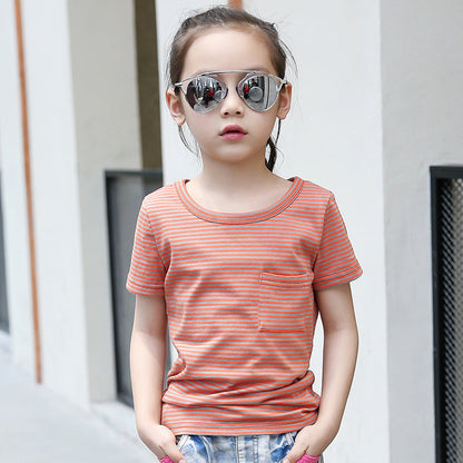 Girls short-sleeved T-shirt 2024 new summer clothes for children, middle and large children, fashionable T-shirt pullover knitted cotton sweater tops