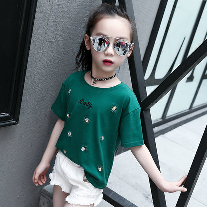 Girls short-sleeved T-shirt 2024 new summer clothes for children, middle and large children, fashionable T-shirt pullover knitted cotton sweater tops