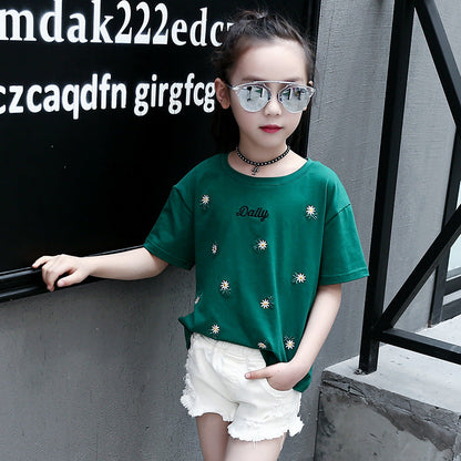 Girls short-sleeved T-shirt 2024 new summer clothes for children, middle and large children, fashionable T-shirt pullover knitted cotton sweater tops