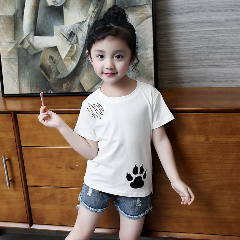 Girls short-sleeved T-shirt 2024 new summer clothes for children, middle and large children, fashionable T-shirt pullover knitted cotton sweater tops