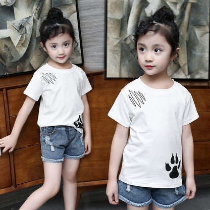 Girls short-sleeved T-shirt 2024 new summer clothes for children, middle and large children, fashionable T-shirt pullover knitted cotton sweater tops