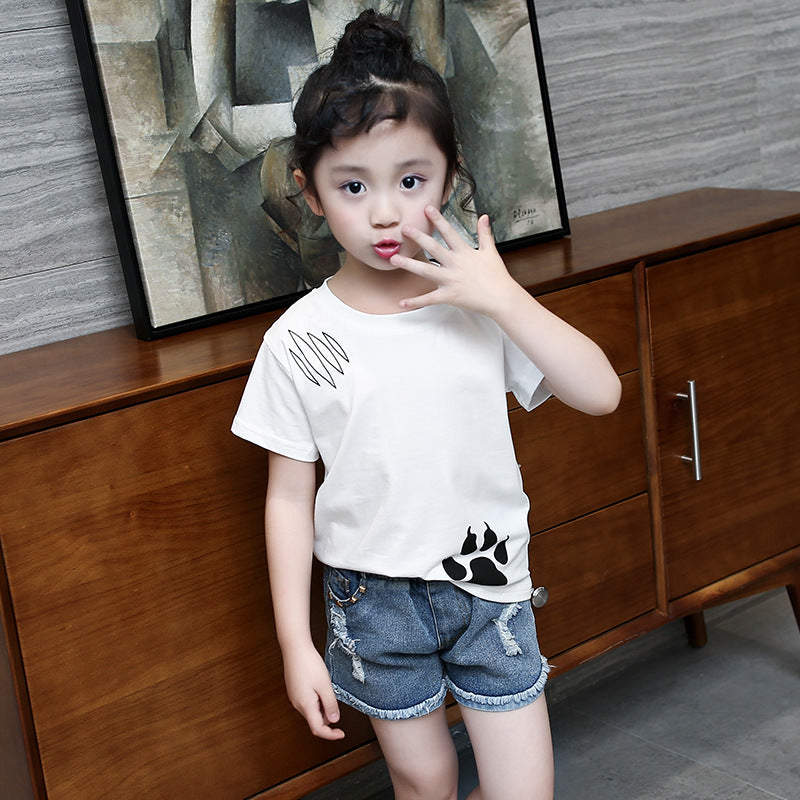 Girls short-sleeved T-shirt 2024 new summer clothes for children, middle and large children, fashionable T-shirt pullover knitted cotton sweater tops