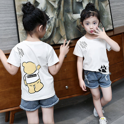 Girls short-sleeved T-shirt 2024 new summer clothes for children, middle and large children, fashionable T-shirt pullover knitted cotton sweater tops