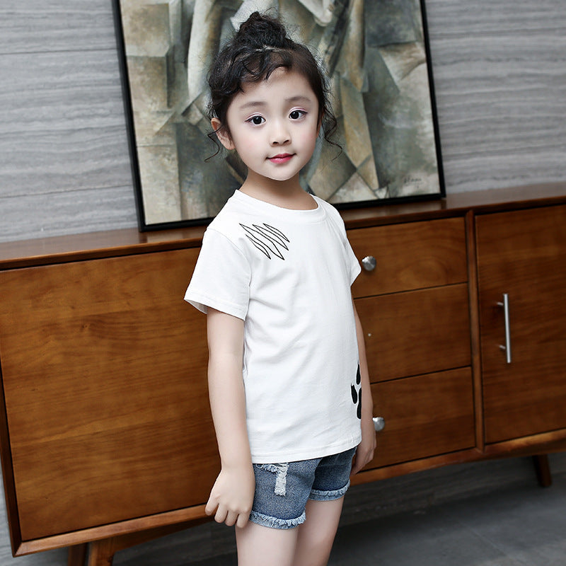 Girls short-sleeved T-shirt 2024 new summer clothes for children, middle and large children, fashionable T-shirt pullover knitted cotton sweater tops