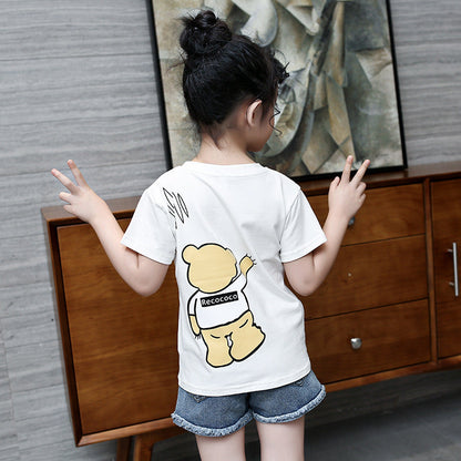 Girls short-sleeved T-shirt 2024 new summer clothes for children, middle and large children, fashionable T-shirt pullover knitted cotton sweater tops