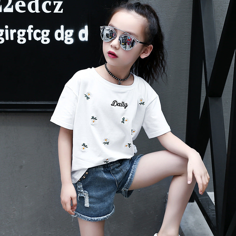 Girls short-sleeved T-shirt 2024 new summer clothes for children, middle and large children, fashionable T-shirt pullover knitted cotton sweater tops