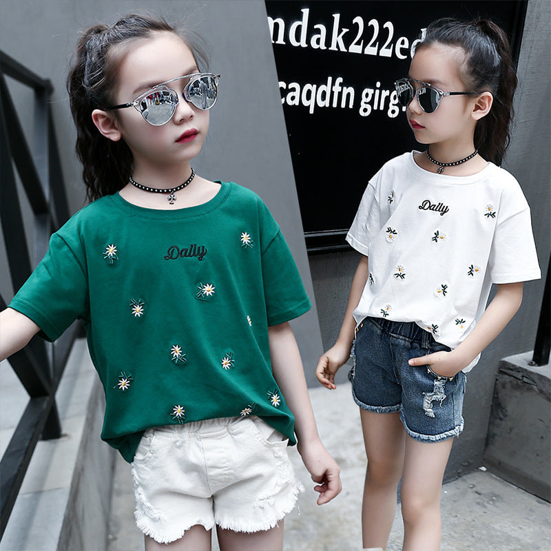 Girls short-sleeved T-shirt 2024 new summer clothes for children, middle and large children, fashionable T-shirt pullover knitted cotton sweater tops